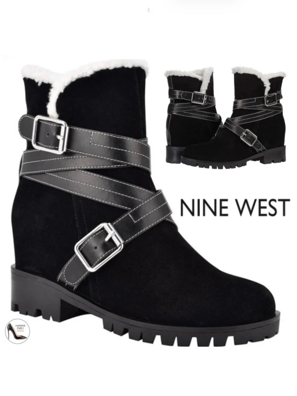 Nine West Davyd Wedge Buckle Booties Black Suede Leather Women's Winter Boot 8.5